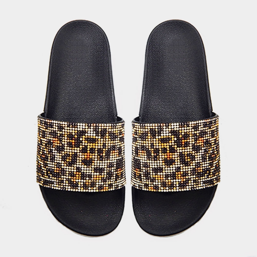 Gold Black Leopard Crystal Slides Slippers Sandals